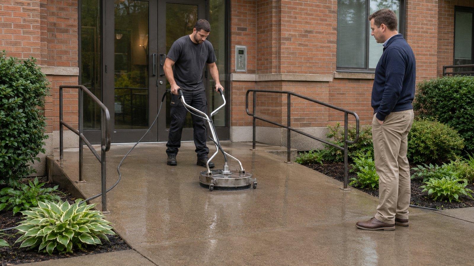 Worker using a surface cleaner on the concrete entrance of a low-rise Ottawa apartment building while a property manager observes.
