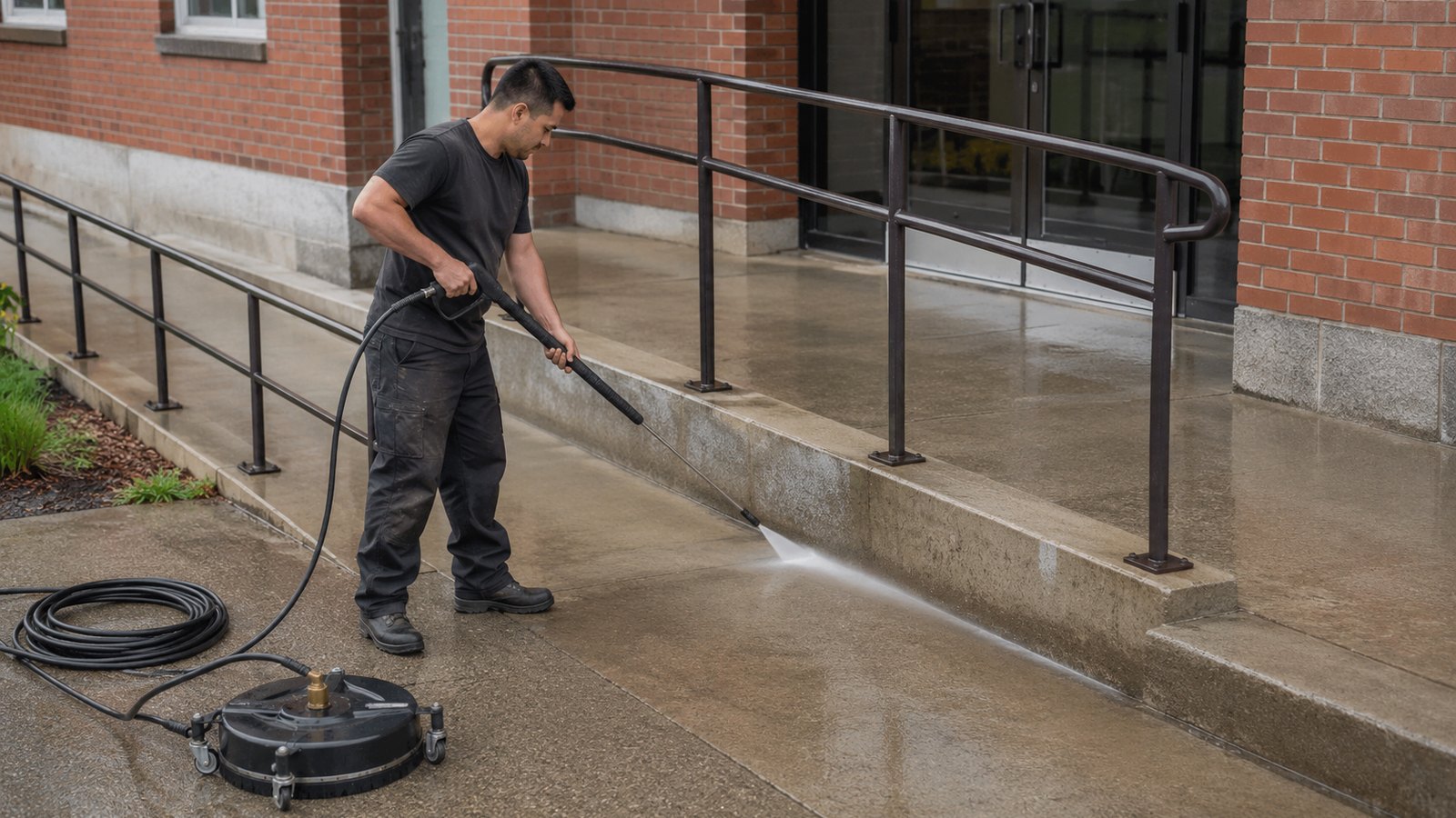 Worker carefully pressure washing the uniformly wet concrete edge beside an accessible ramp at an Ottawa apartment entrance.