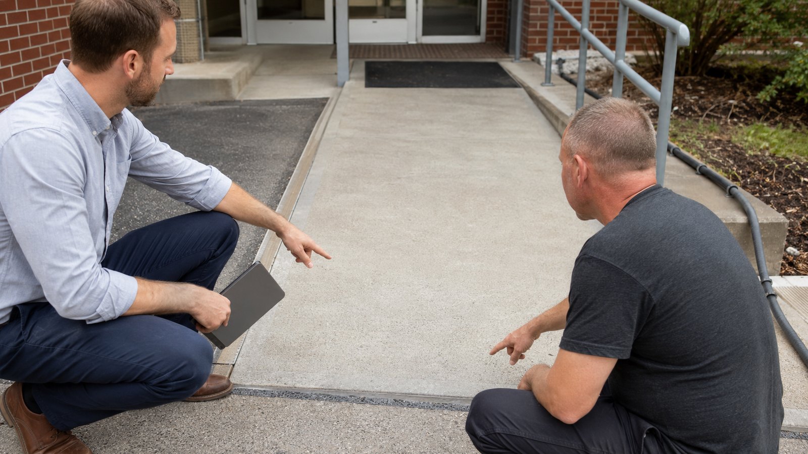Property manager and worker inspecting an apartment entrance walkway with a pressure-washer hose secured along the outside edge.
