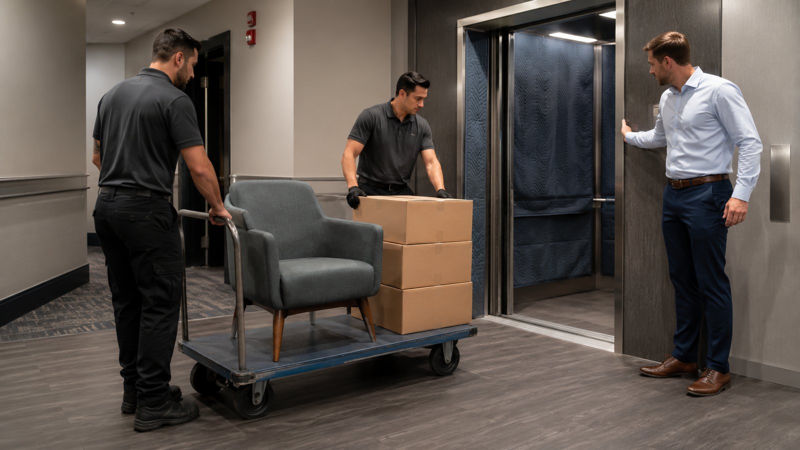 Workers moving a chair and sealed boxes on a flat cart through a clean Ottawa condo elevator lobby.