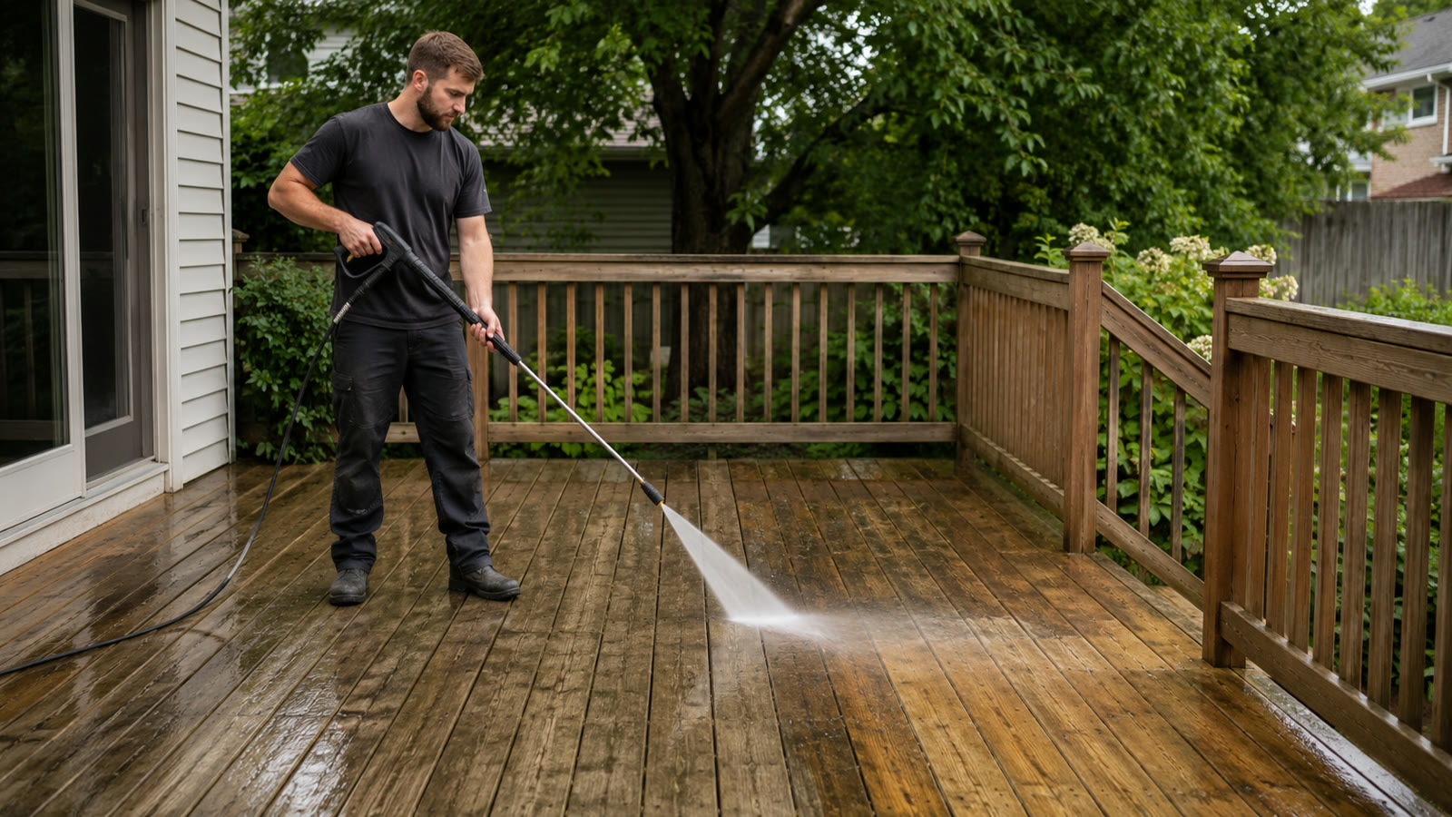Worker carefully pressure washing the boards of a wood deck in an Ottawa backyard before staining.