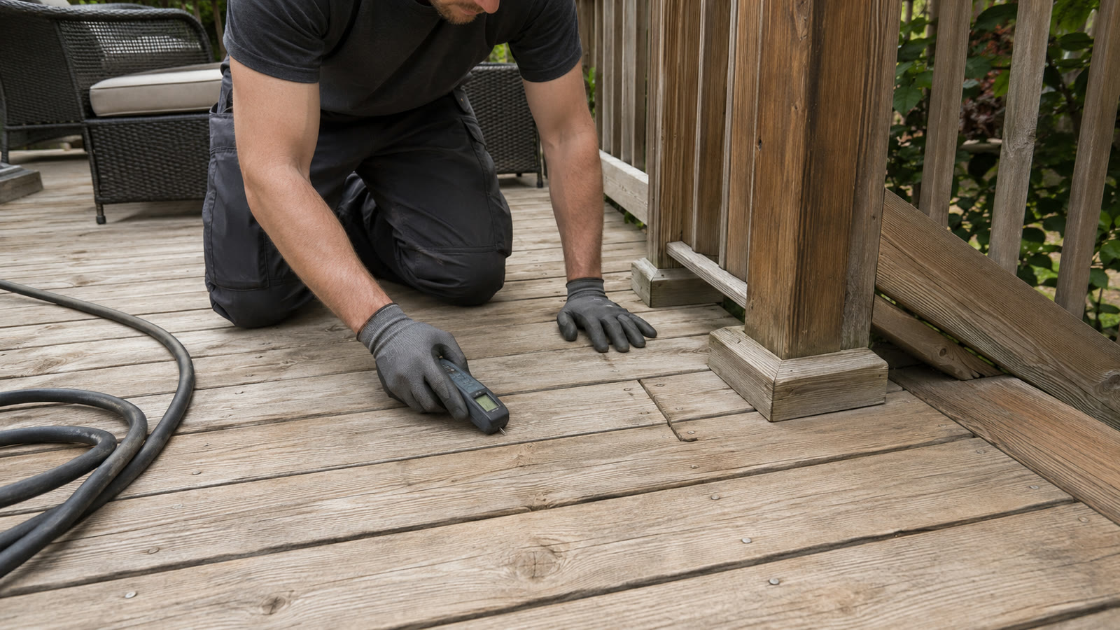Worker inspecting deck boards, fasteners and a railing-post base before washing an Ottawa wood deck.