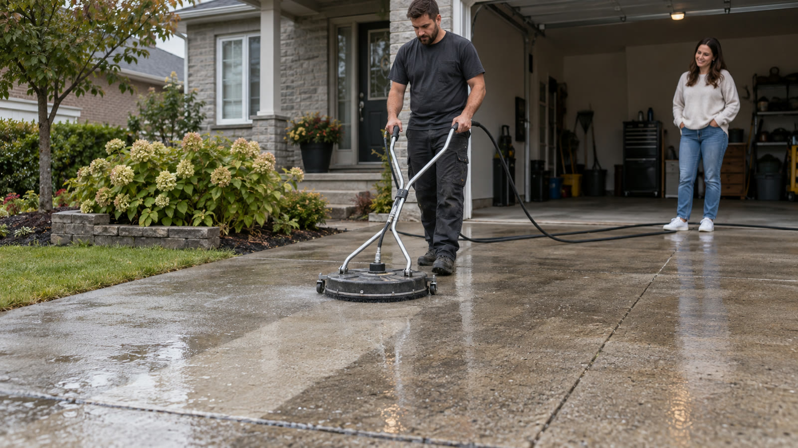 Worker using a surface cleaner on a concrete driveway outside an Ottawa home while the homeowner observes.