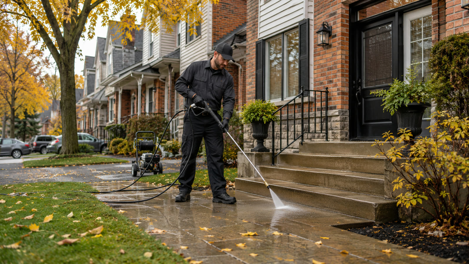 Property-care worker pressure washing the walkway of an Ottawa townhouse on an autumn day