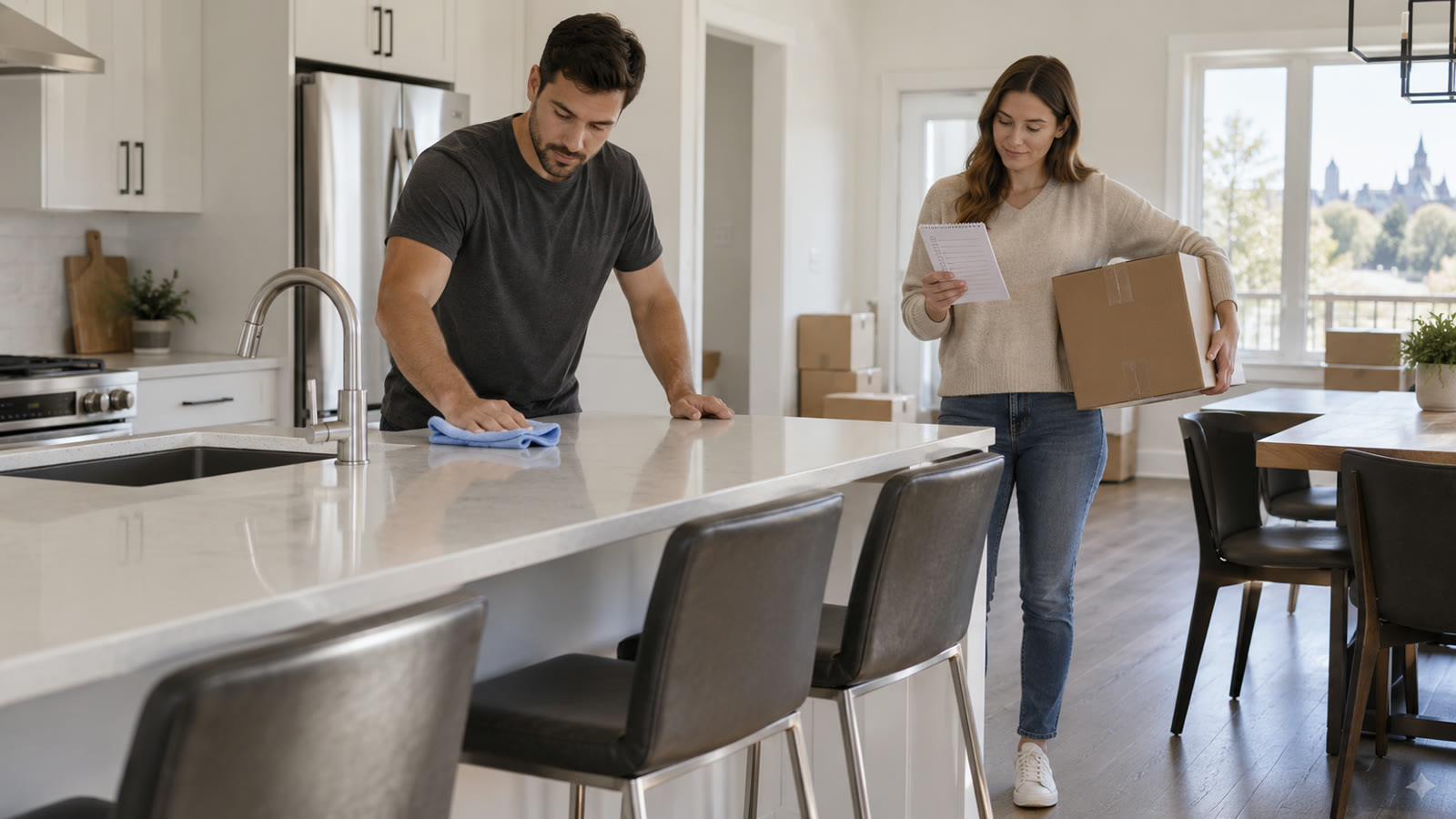 Homeowner and property-care worker completing a move-out clean-up around the kitchen island in an Ottawa home.