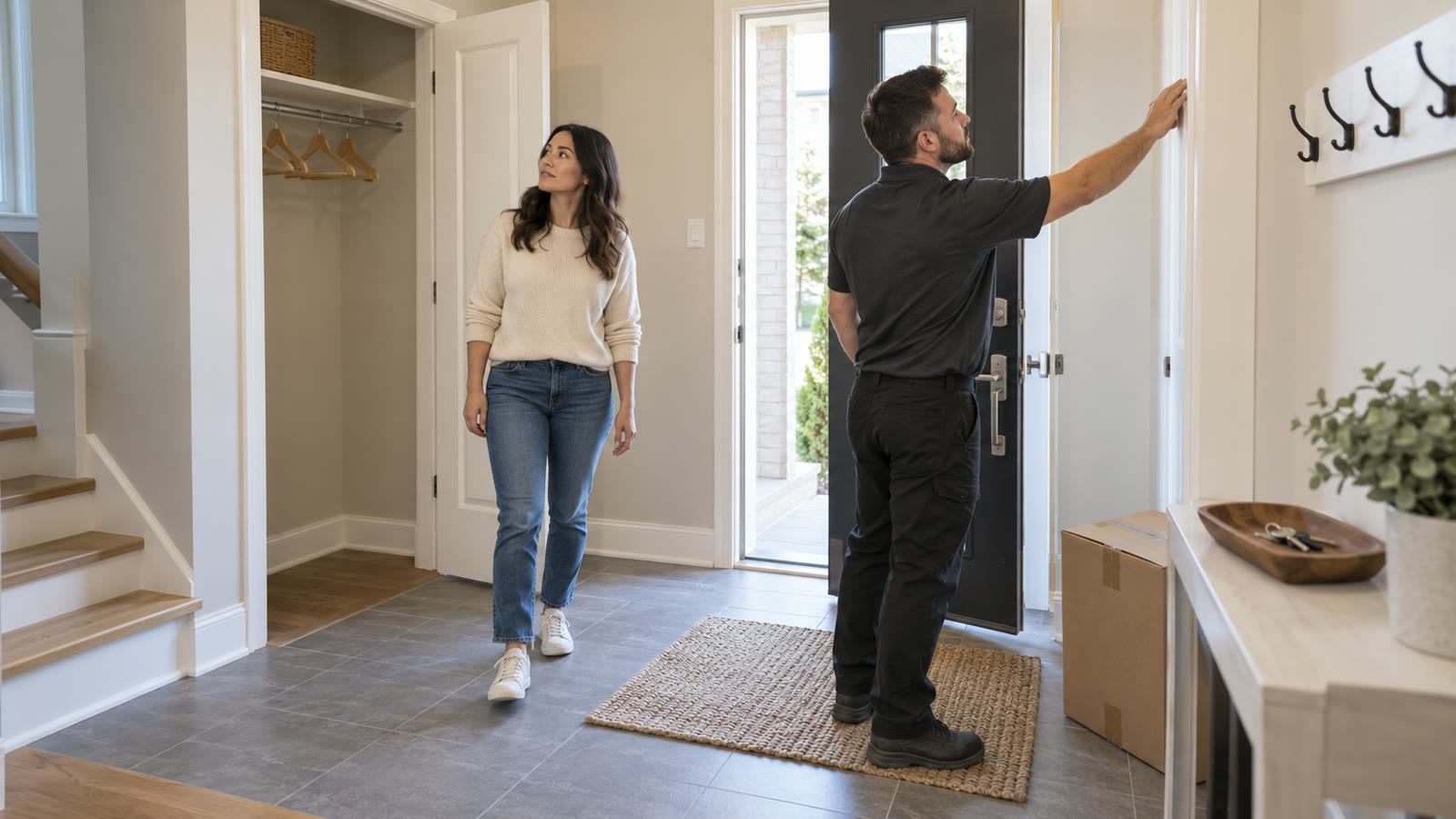 Homeowner and property-care worker completing a final walkthrough at the entrance of an empty Ottawa townhouse.