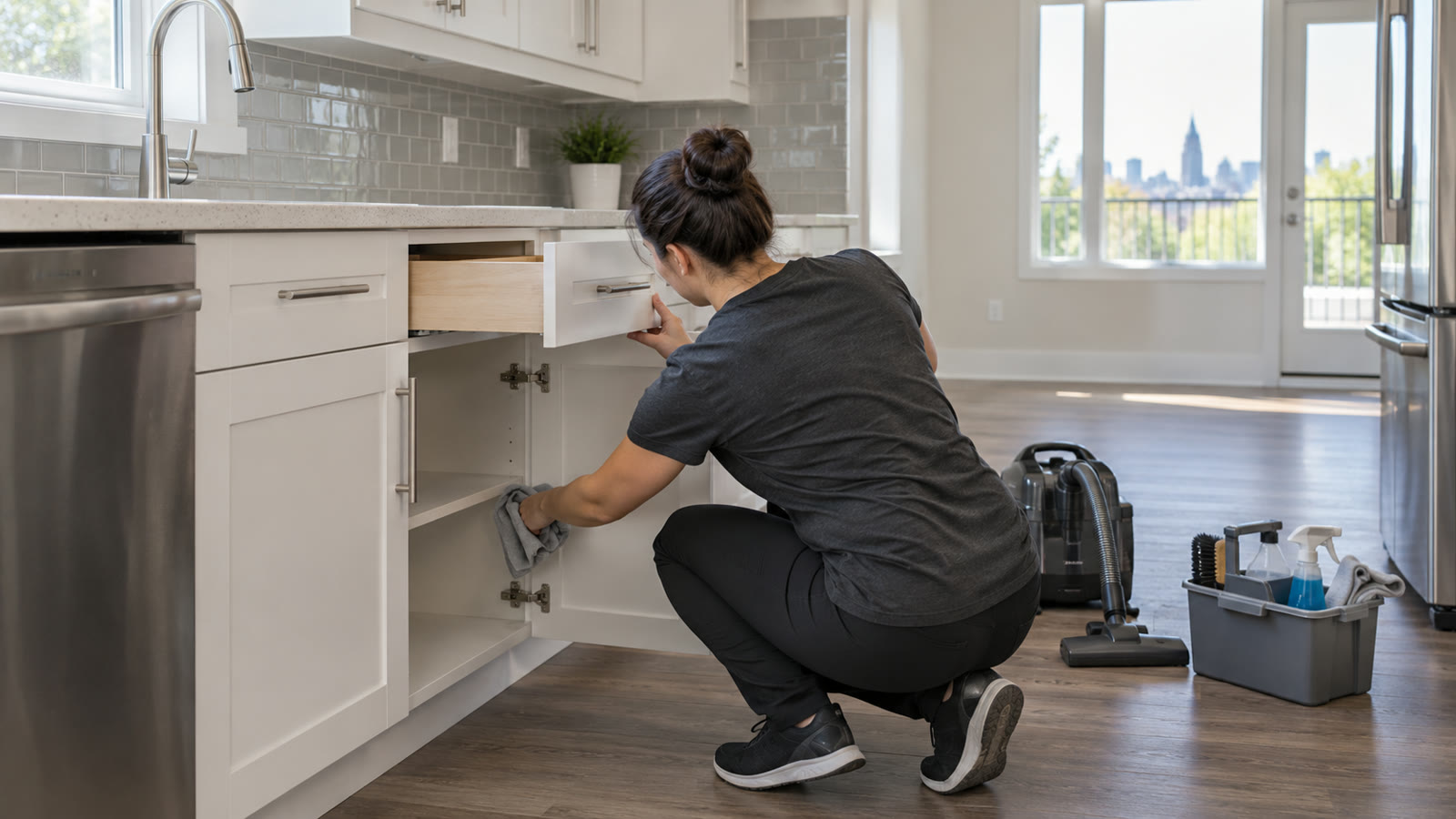 Property-care worker wiping the inside of a lower kitchen cabinet during an Ottawa move-out clean-up.