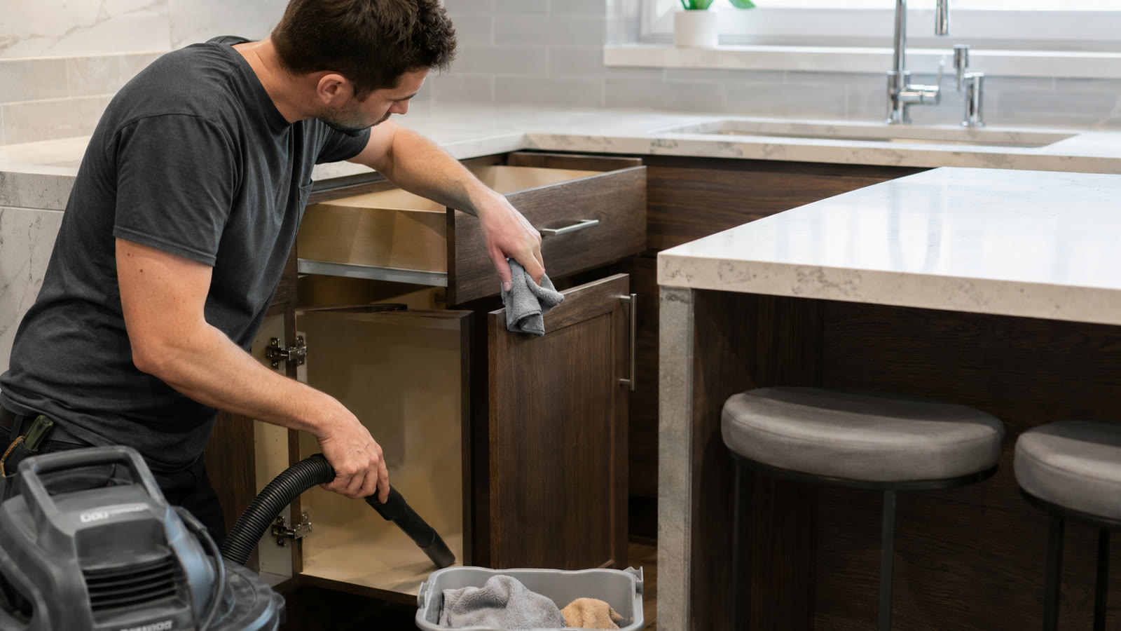 Worker vacuuming and wiping the interiors and edges of newly installed kitchen cabinets.
