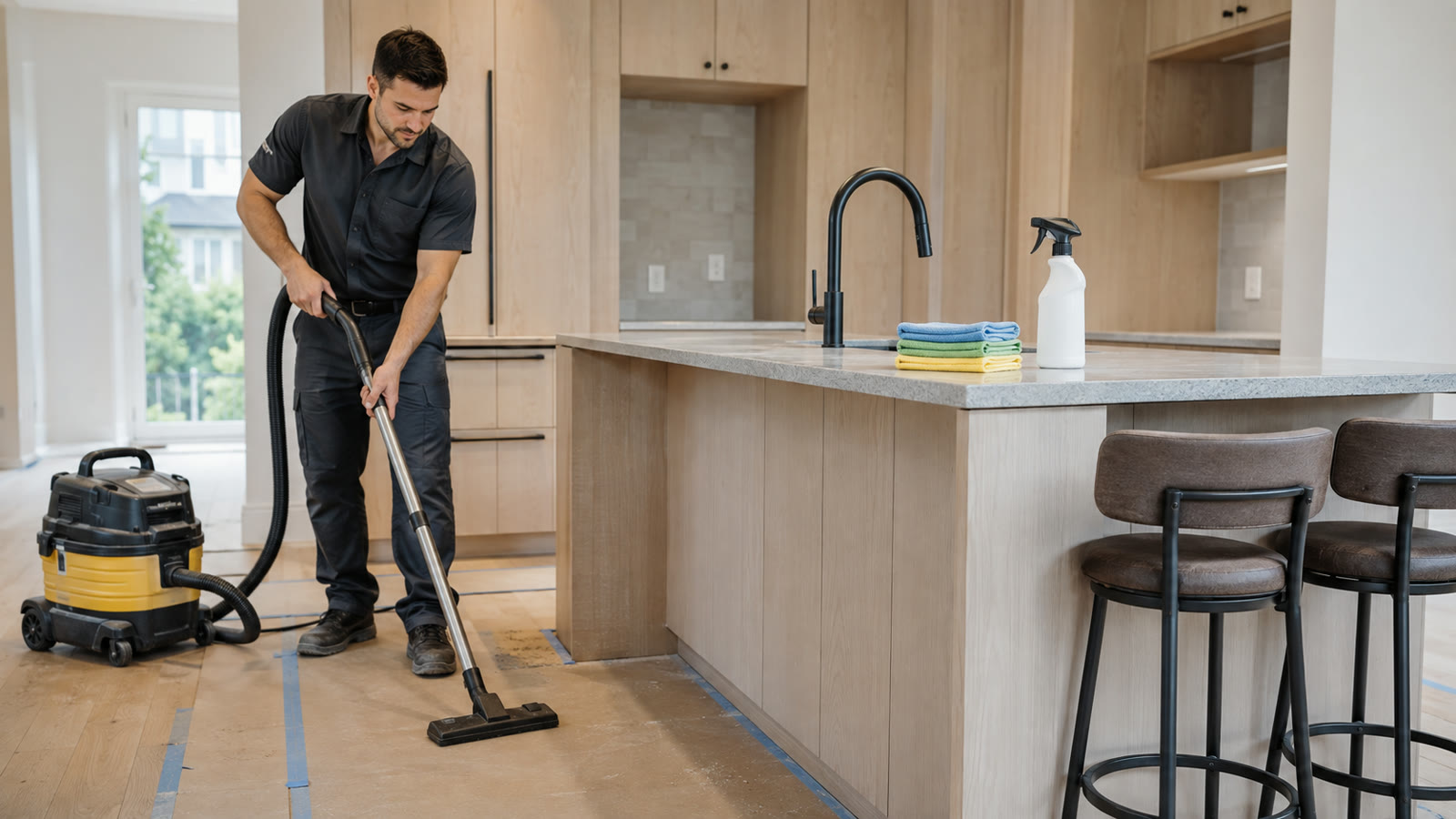 Worker vacuuming protected hardwood flooring beside the island in a newly renovated Ottawa kitchen.