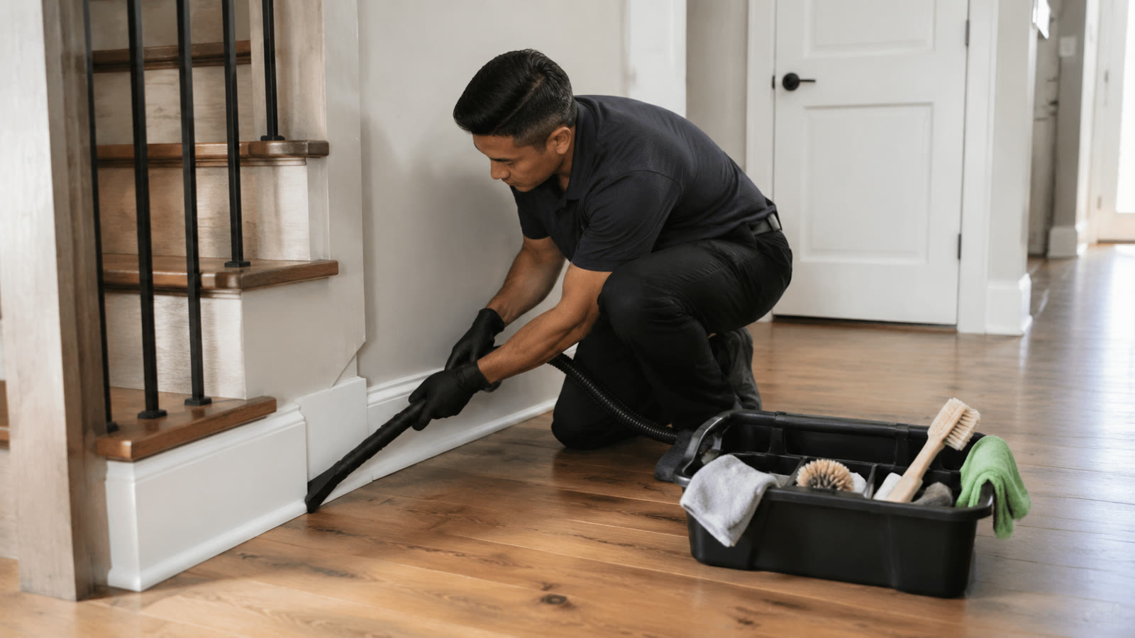 Worker vacuuming along baseboards and the first stair edge in a renovated Ottawa townhouse.