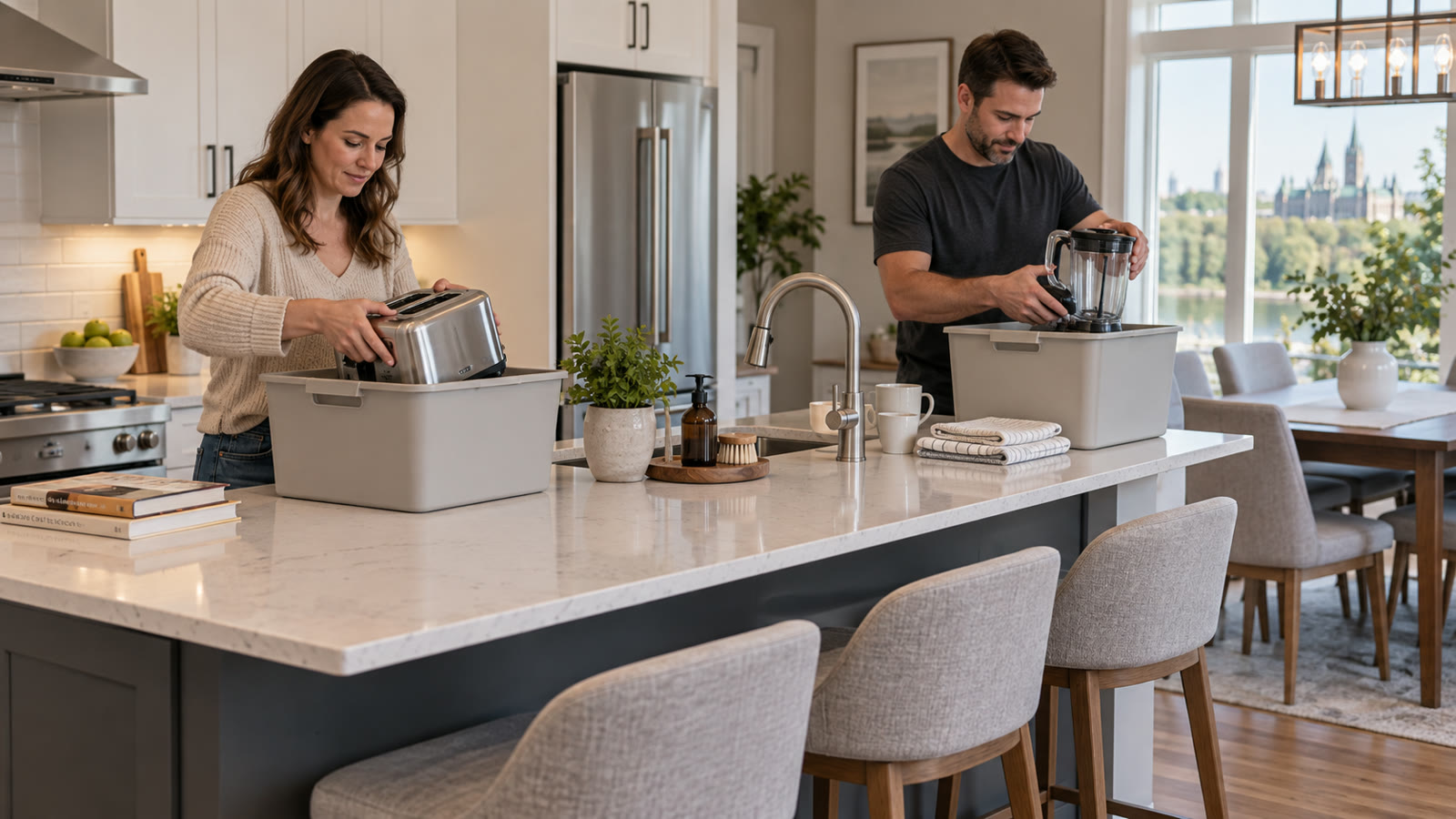 Homeowner and property-care worker clearing small appliances from an Ottawa kitchen island before listing photos.