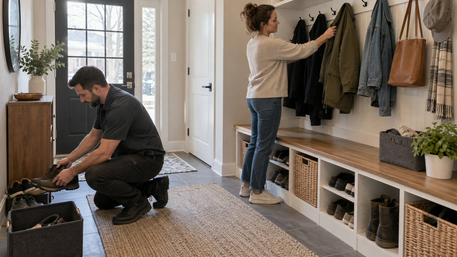 Homeowner and property-care worker organizing coats, shoes and baskets around an Ottawa entryway storage bench.